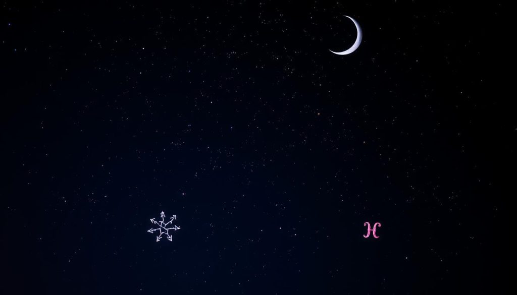 A serene night sky, peppered with twinkling stars and crescent moon, provides the backdrop for a vibrant astrological scene. In the foreground, a constellation of zodiac symbols, each rendered in a distinct metallic hue, float weightlessly against a rich, inky canvas. Soft, diffused lighting casts a warm, mystical glow, while the overall composition suggests a sense of wonder, mystery, and the interconnectedness of the cosmos. The image conveys a timeless, ethereal quality, capturing the essence of the astrological realm on this particular day in history.