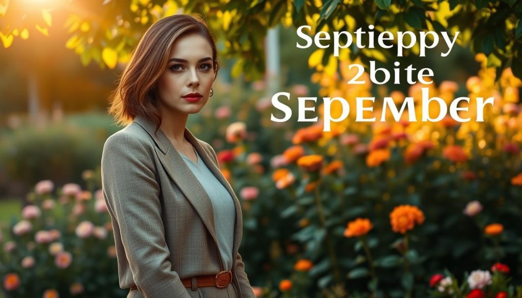 A serene outdoor scene with a lush garden in the background, filled with blooming flowers in autumnal hues. In the foreground, a sophisticated figure dressed in a stylish September-appropriate ensemble stands thoughtfully, their gaze directed towards the camera with an air of quiet contemplation. Warm, golden sunlight filters through the leaves, casting a gentle glow over the scene. The overall mood is one of tranquility and celebration, reflecting the essence of a September birthday.