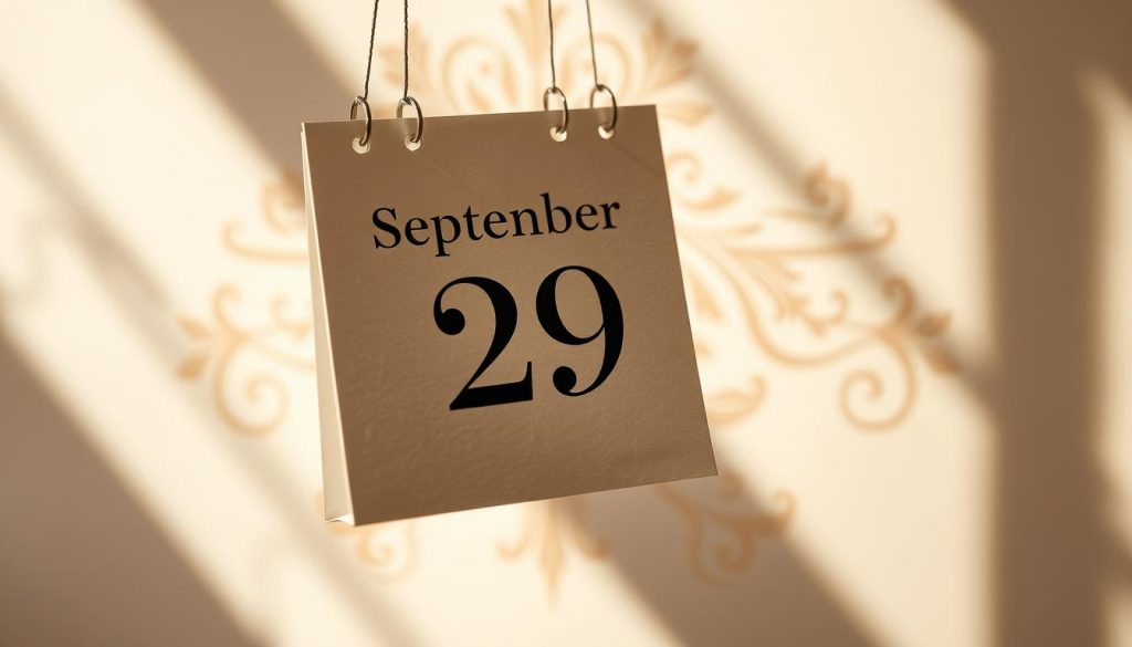 A serene, sun-dappled calendar page floating in a soft, ethereal light, displaying the date "September 29" against a backdrop of elegant, vintage-inspired flourishes. The page is gently suspended, casting a delicate shadow, as if frozen in time. The composition evokes a sense of historical significance and timeless allure, inviting the viewer to explore the rich narratives and significant events associated with this particular day.
