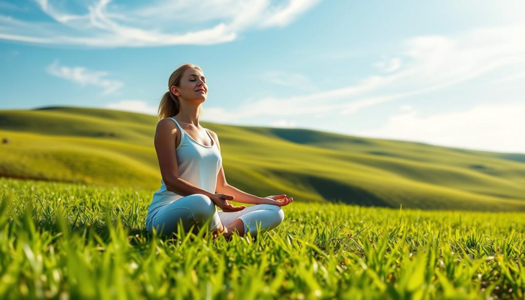 A serene, sunlit scene of a lush green meadow with rolling hills in the distance. In the foreground, a person sits cross-legged in a meditative pose, their eyes closed and face radiating a sense of calm and inner peace. Soft, diffused lighting illuminates the scene, creating a warm, inviting atmosphere. The background features a clear blue sky with wispy clouds, conveying a feeling of openness and tranquility. The overall composition evokes a sense of harmony, balance, and well-being, capturing the essence of health, energy, and a peaceful state of mind.
