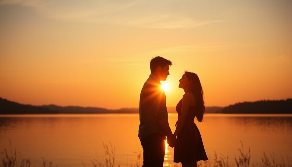 A serene sunset over a tranquil lake, with two figures silhouetted against the warm glow, holding hands and gazing into each other's eyes. The foreground captures the intimacy and connection of their relationship, while the middle ground showcases the natural beauty of the setting, with soft, diffused lighting and a sense of harmony. In the background, a subtle astrological motif, such as a crescent moon or stars, hints at the influence of timing and celestial forces on the human experience. The overall atmosphere conveys a sense of balance, growth, and the triumph of love and understanding.