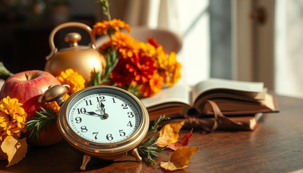 A snapshot of September 19, 2025, captured in a warm, autumnal light. In the foreground, a vintage brass clock face displays the precise time, its hands delicately poised. Surrounding it, an elegant arrangement of seasonal produce - ripe apples, vibrant marigolds, and a sprig of rosemary - suggests the day's natural rhythms. In the middle ground, a leather-bound journal lies open, its pages inviting contemplation of the date's historical significance and astrological insights. The background depicts a cozy, sun-dappled interior, hinting at the comforts of home on this particular day. Overall, the image exudes a sense of timeless elegance and quiet reflection.