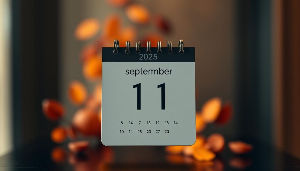 A sophisticated calendar displaying the key details for September 11, 2025 - the date, day of the week, and astrological sign. The calendar is elegantly framed against a softly blurred backdrop, with a warm, autumnal palette evoking the season. The calendar face is rendered in a clean, minimalist style, allowing the critical information to stand out clearly. Subtle lighting emanates from the top, casting a gentle glow across the design. The overall composition is balanced and visually striking, creating an image that would effectively illustrate the article's section on "Today's Key Date Facts for September 11, 2025".