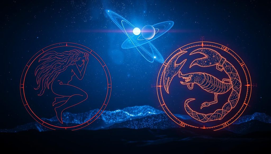 A striking astrological composition set against a deep, midnight-blue sky. In the foreground, the intricate symbols of the Virgo and Cancer zodiac signs are masterfully rendered, their details brought to life with precision and depth. The middle ground features a shimmering celestial backdrop, with glittering stars and nebulae illuminating the scene. In the background, a holographic display of planetary orbits and constellations adds a sense of depth and complexity, creating an immersive, otherworldly atmosphere. The lighting is soft and atmospheric, with a subtle chiaroscuro effect that heightens the mystical, ethereal quality of the image. The overall composition is balanced and harmonious, inviting the viewer to explore the intricacies of this astrological landscape.