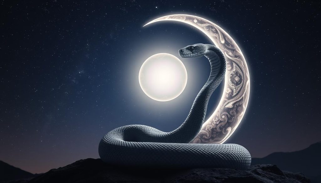 A striking astrology-inspired scene, centered on a majestic snake coiled around a crescent moon against a serene night sky. The snake, with intricate scales and a mystical gaze, appears to be in a state of meditative contemplation, its body gracefully undulating. The moon, bathed in a soft, ethereal light, casts a gentle glow over the composition, evoking a sense of harmony and cosmic connection. In the background, a tapestry of stars twinkles, creating a sense of depth and the vastness of the universe. The overall mood is one of mysticism, tranquility, and a deep connection to the rhythms of the natural world.