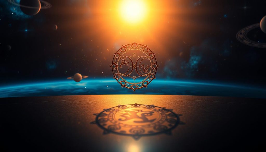 A stunning astrology-inspired scene, illuminated by a warm, golden glow. In the foreground, a mystical zodiac symbol hovers, its intricate design casting intricate shadows on a sleek, reflective surface. In the middle ground, delicate celestial objects – planets, moons, and stars – drift gracefully, creating a sense of cosmic harmony. The background is a rich, deep blue, punctuated by swirling nebulae and distant galaxies, evoking the vast expanse of the universe. The lighting is dramatic, with dramatic highlights and deep shadows, lending an air of mystery and wonder to the composition. The overall mood is one of contemplation, inviting the viewer to ponder the mysteries of the cosmos and the power of astrological forces.