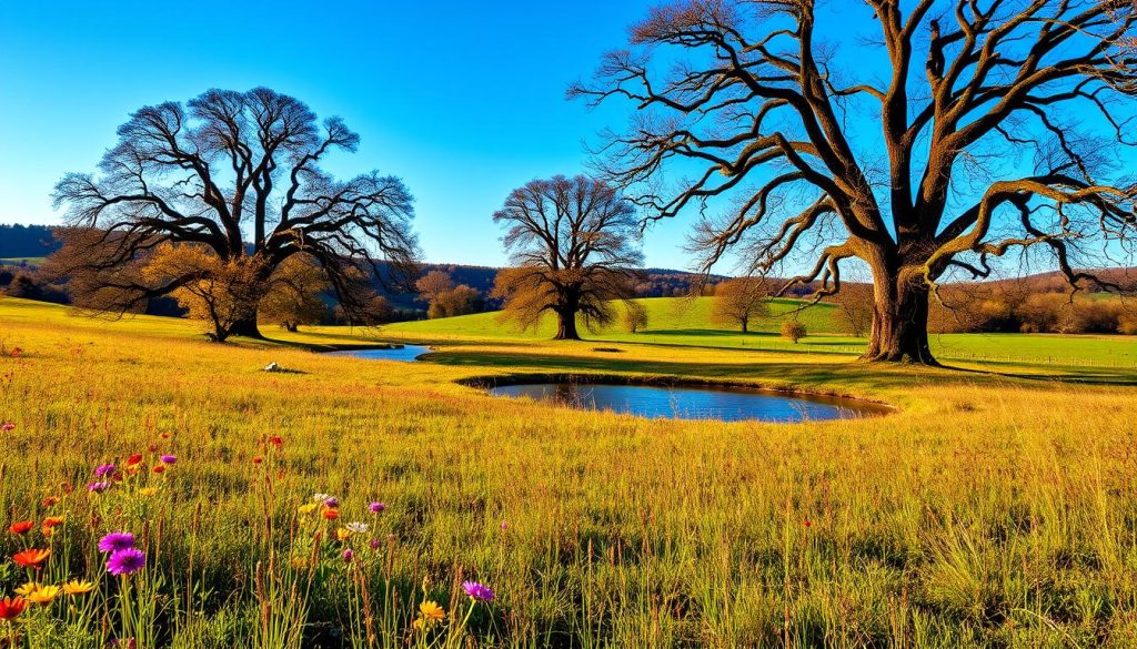 A sun-dappled meadow on a crisp autumn day, with a rolling, verdant landscape stretching out in the distance. In the foreground, vibrant wildflowers sway gently in a soft breeze, their petals catching the warm, golden light. Towering, ancient oak trees line the perimeter, their branches casting playful shadows across the scene. A tranquil pond reflects the azure sky above, its surface rippling with the occasional leap of a fish. The air is filled with the pleasant scent of damp earth and the distant call of songbirds. A sense of timeless serenity and connection to the natural world pervades the setting, creating a calming, peaceful atmosphere.