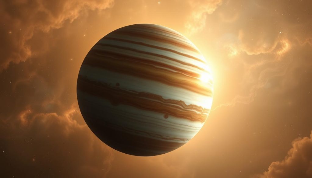 A sweeping cosmic vista, Jupiter's majestic form dominates the scene, its vibrant colors and swirling clouds reflecting the mystical energy of the Cancer constellation. Soft, diffused lighting bathes the planet in a serene, ethereal glow, while wispy tendrils of nebulae dance across the background, hinting at the boundless mysteries of the universe. The composition is balanced and harmonious, with a sense of depth and dimension that draws the viewer into the celestial drama unfolding before them. Subtle details, such as the play of light and shadow on Jupiter's surface, add depth and realism to the image, crafting a captivating portrayal of the astrological event.