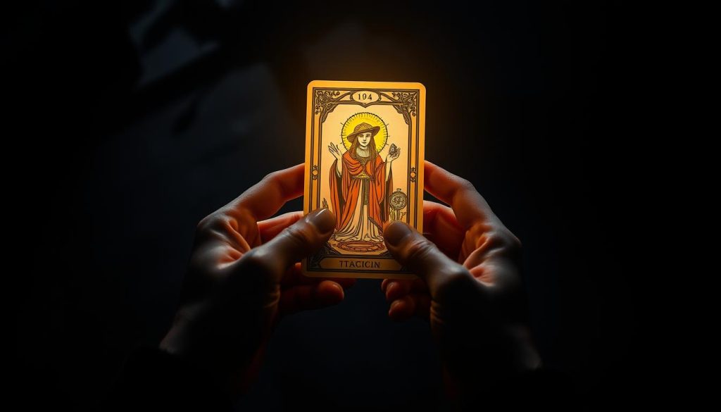 A tarot card reader's hands holding the Magician card, casting a warm, guiding light over a dark, mystical background. The card's symbols and imagery are clearly visible, with a sense of ancient, arcane wisdom. Soft, atmospheric lighting illuminates the scene, creating a contemplative, introspective mood. The composition is balanced, drawing the viewer's eye to the central focus of the Magician's guidance. The image conveys a sense of intuition, potential, and the power of personal agency in shaping one's destiny.