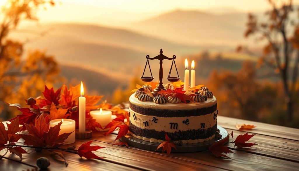 A tranquil, cozy setting with a birthday cake adorned with a Libra symbol, surrounded by vibrant fall foliage and the warm glow of candles. The cake is placed on a wooden table, with a soft, diffused light illuminating the scene. In the background, a dreamy, autumnal landscape with rolling hills and a hazy, golden sky creates a serene, introspective atmosphere. The overall mood is one of introspection, celebration, and the embrace of the Libra season.