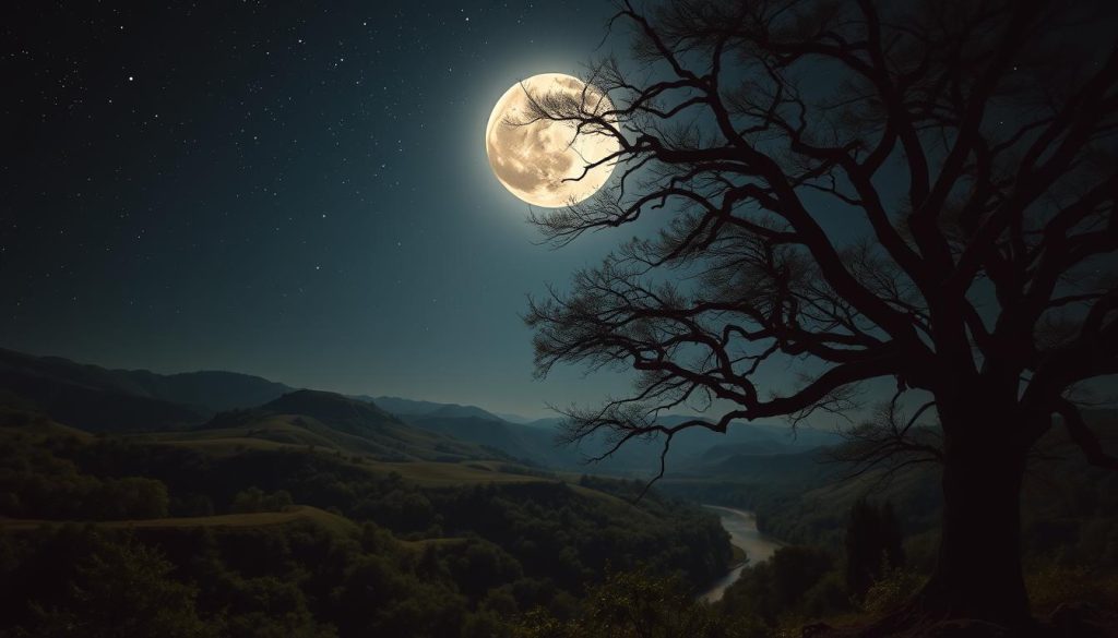 A tranquil, earthy scene depicting the Taurus moon in a star-filled night sky. The moon's soft, luminous glow illuminates a lush, verdant landscape below, featuring rolling hills, dense foliage, and a winding river. Shafts of moonlight filter through the branches of ancient, gnarled trees, casting dramatic shadows across the serene setting. The atmosphere is one of quiet contemplation, with a sense of timeless, natural beauty. The camera angle is low, drawing the viewer into the scene and emphasizing the vastness of the night sky above. Subtle, muted colors and a dreamlike quality evoke the soothing, grounded energy of the Taurus moon.