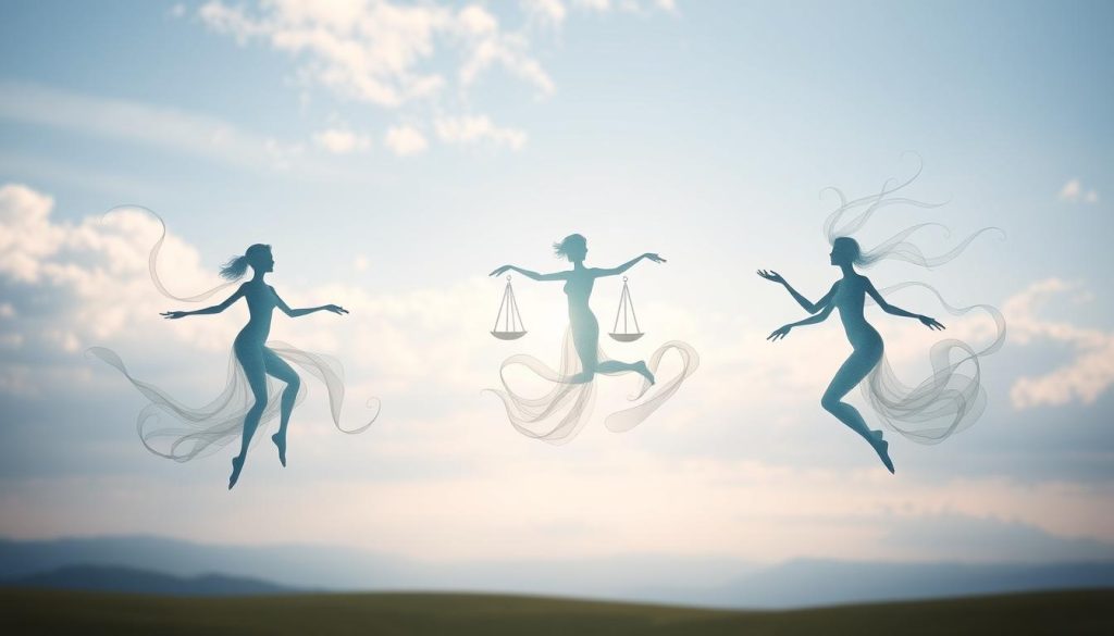 A tranquil, ethereal scene depicting the air signs - Gemini, Libra, and Aquarius. In the foreground, three figures gracefully float, their forms composed of wispy, translucent tendrils that swirl and intertwine, symbolizing the fluidity of ideas, communication, and intellectual pursuits. The middle ground features a serene, cloud-dotted sky, bathed in a soft, diffused light that lends an airy, contemplative atmosphere. In the background, a distant horizon line blends seamlessly with the celestial expanse, hinting at the boundless potential and expansive perspectives of the air signs. The overall composition conveys a sense of harmony, balance, and the power of clear, creative expression.