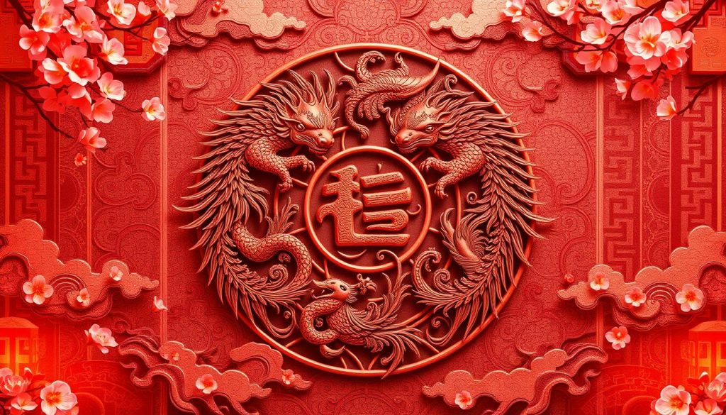 A vibrant and intricate Chinese Zodiac design, featuring the 12 zodiac animals gracefully intertwined against a backdrop of traditional Chinese motifs. Delicate cherry blossoms and swirling clouds frame the central composition, evoking a sense of timeless harmony. Warm, ambient lighting casts a subtle glow, highlighting the intricate textures and patterns of the zodiac symbols. The composition is balanced and symmetrical, creating a visually captivating and aesthetically pleasing image that captures the essence of Chinese astrology.