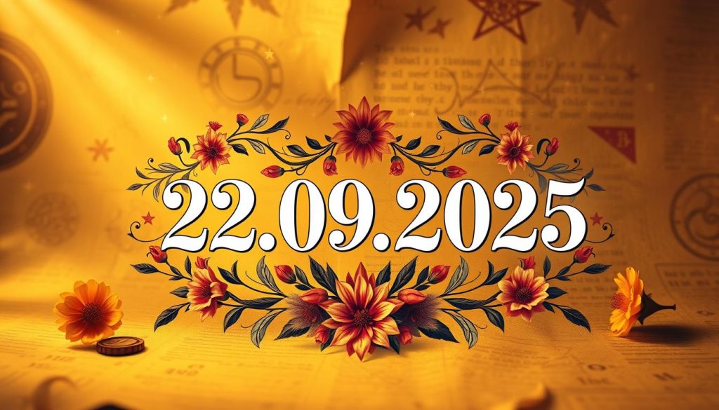 A vibrant and visually striking scene of a calendar date, 22.09.2025, set against a warm and nostalgic atmosphere. The date is presented in a clean, elegant typeface, surrounded by intricate floral and celestial motifs that evoke the essence of the day - its history, astrological significance, and the notable figures associated with it. The composition features a soft, diffused lighting that casts a golden glow, creating a sense of timelessness and wonder. The background seamlessly blends elements of vintage paper textures, starry skies, and subtle hints of astrological symbols, inviting the viewer to delve deeper into the rich tapestry of this particular day in history.