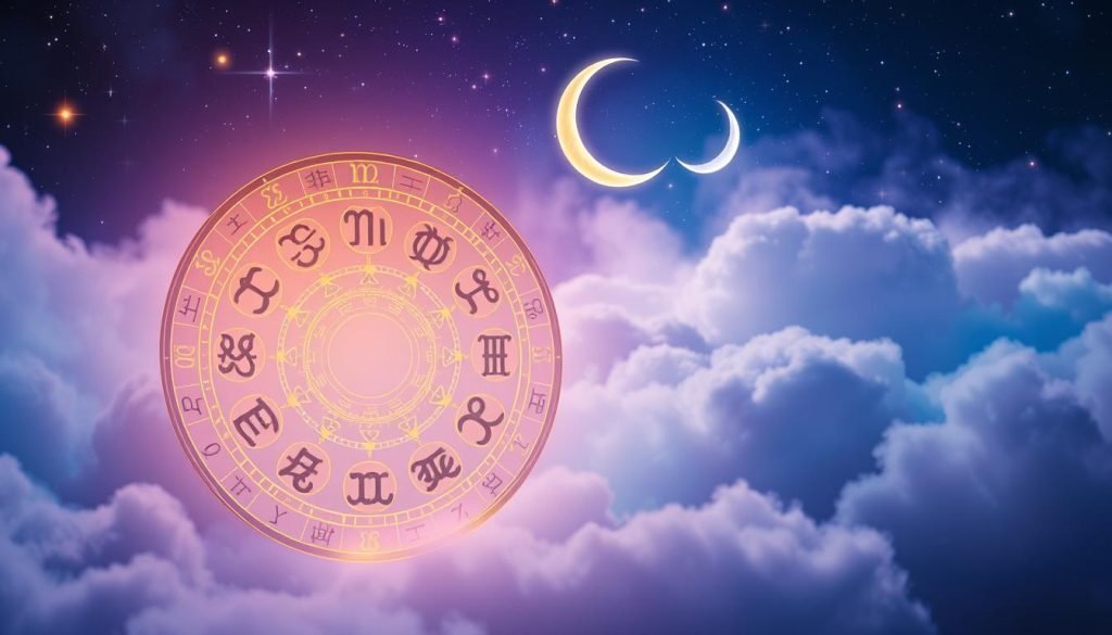 A vibrant astrological scene with a horoscope chart taking center stage, surrounded by celestial elements. In the foreground, a detailed zodiac wheel with glowing symbols casts a mystical glow. In the middle ground, a crescent moon and twinkling stars create an enchanting night sky. The background features misty, ethereal clouds in soft hues of blue and purple, suggesting the passage of time. The overall composition conveys a sense of wonder and the promise of a new year, capturing the essence of a "birthday forecast" for the viewer.