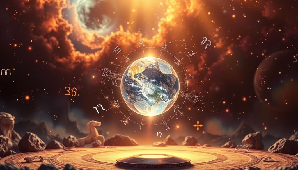 A vibrant astrological tableau filled with celestial symbols and ethereal light. In the foreground, a crystalline horoscope sphere levitates, casting shimmering refractions across the scene. Wisps of cosmic energy swirl around it, hinting at the transformative power of the coming year. In the middle ground, zodiac signs emerge from the shadows, each rendered in a unique style that captures their distinct energies. The background is a lush, dreamlike landscape of swirling nebulae and distant galaxies, creating a sense of expansive potential. Warm, golden illumination bathes the entire composition, imbuing it with a sense of hope and possibility for the year ahead.
