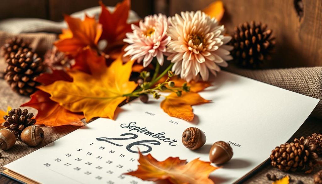 A vibrant, autumnal still life featuring a calendar page showing September 26, 2025, set against a cozy, rustic backdrop. In the foreground, a thick, handwritten "26" sits atop the calendar page, surrounded by a sprinkling of warm-hued leaves, acorns, and pinecones. In the middle ground, a delicate sprig of chrysanthemum flowers emerges, their petals hinting at the Libra astrological sign. Soft, diffused lighting casts a golden glow over the scene, creating an inviting, serene atmosphere that evokes the contemplative mood of the day.