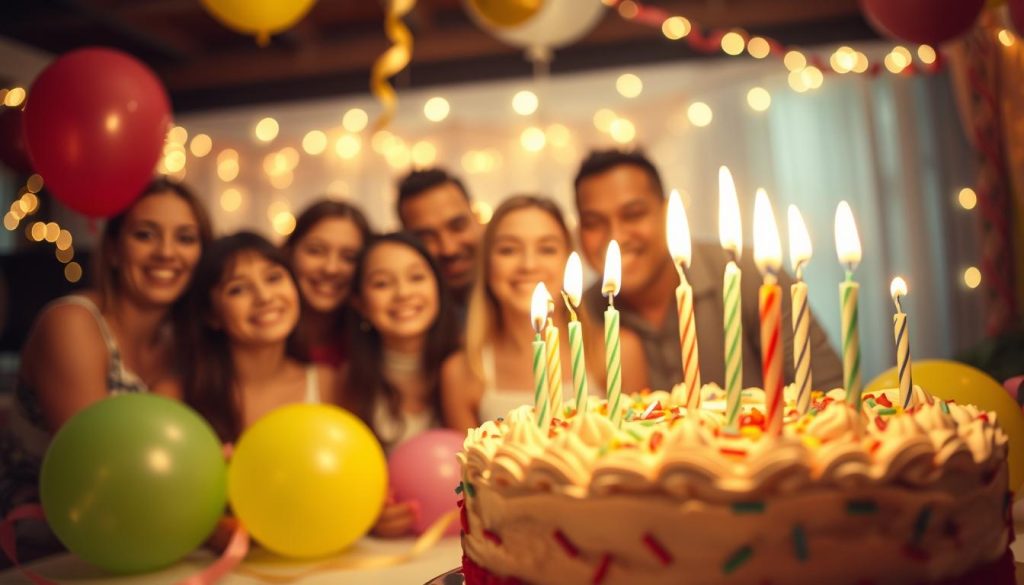 A vibrant birthday scene with a warm, celebratory atmosphere. In the foreground, a beautifully decorated birthday cake with flickering candles takes center stage, surrounded by colorful balloons and ribbons. In the middle ground, a group of smiling friends and family members gathered to honor the special occasion, their expressions radiating joy and anticipation. The background features a softly blurred, festive setting with twinkling lights, streamers, and a sense of festivity. The lighting is soft and diffused, creating a cozy, intimate ambiance. The overall composition is balanced and visually appealing, capturing the essence of a meaningful birthday celebration.