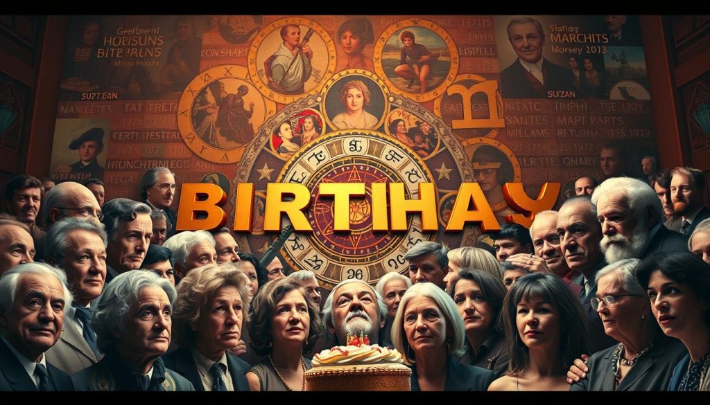 A vibrant celebration of famous birthdays, captured in a dynamic composition. The foreground features a diverse ensemble of well-known individuals, their portraits rendered with striking realism and attention to detail. The middle ground showcases a kaleidoscope of astrological symbols and celestial motifs, hinting at the horoscopic significance of the day. In the background, a mosaic of historic dates and events sets the stage, evoking a sense of timelessness and the rich tapestry of human achievement. Warm, diffuse lighting imbues the scene with a sense of timelessness, while a cinematic camera angle lends an air of grandeur and significance to the proceedings. The overall mood is one of reverence, inspiration, and a shared sense of the remarkable lives celebrated on this special day.