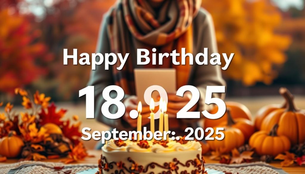 A vibrant composition depicting a person's birthday on September 18th, 2025. In the foreground, a warm, golden light illuminates a birthday cake with candles, casting a soft glow across the scene. In the middle ground, a person's hands holding a card or gift, surrounded by autumn-themed decorations such as leaves, pumpkins, and a cozy scarf. The background features a blurred, autumnal landscape with trees in rich hues of red, orange, and yellow, creating a sense of the changing seasons. The overall mood is one of celebration and reflection, capturing the essence of a memorable birthday on this historic day.