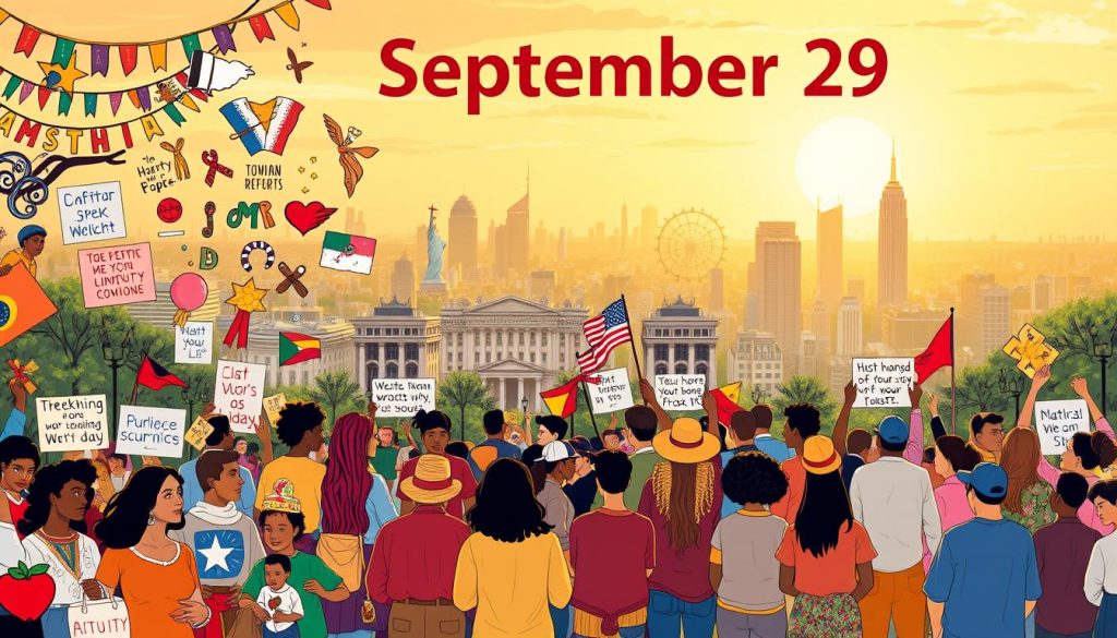 A vibrant, detailed illustration of popular U.S. observances and awareness days on September 29. In the foreground, a collection of symbolic icons and objects representing various commemorations, from festive banners and ribbons to inspirational quotes. In the middle ground, a lively scene depicting people of diverse backgrounds engaged in celebratory activities, such as marches, workshops, and community gatherings. The background features a panoramic cityscape with landmarks and landmarks, bathed in warm, golden lighting that evokes a sense of unity and civic pride. The overall composition conveys a sense of inclusivity, cultural richness, and the importance of recognizing and honoring the diverse tapestry of American experiences and traditions.