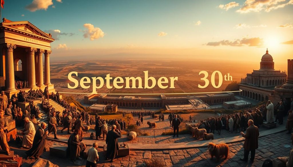 A vibrant historical panorama set on September 30th, capturing significant events and figures across the ages. In the foreground, a richly detailed scene showcases iconic moments from history, with intricately rendered figures and artifacts. The middle ground features a dynamic timeline, charting the evolution of this date through the centuries, from ancient celebrations to modern milestones. The background depicts a grand, sweeping landscape, illuminated by a warm, golden light that evokes a sense of timelessness and enduring legacy. Precise, cinematic lighting and a wide, immersive angle create a captivating, museum-quality image that invites the viewer to explore the rich tapestry of September 30th through history.