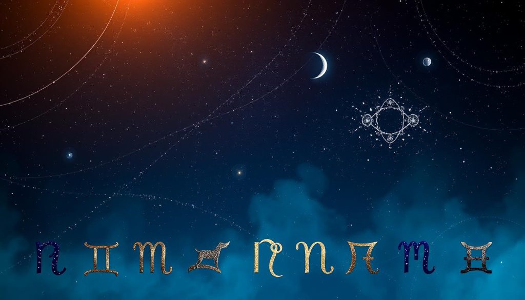 A vibrant horoscope overview depicting the astrological signs against a starry night sky. The foreground features the 12 zodiac symbols artfully arranged, each with distinct celestial patterns and textures. The middle ground showcases a crescent moon and planets in an ethereal, glowing haze. The background is a deep, inky blackness with swirling cosmic dust and twinkling stars, creating a sense of mystery and wonder. The lighting is soft and diffused, casting a warm, mystical ambiance over the entire scene. The composition is balanced and harmonious, inviting the viewer to explore the astrological wonders of the universe.