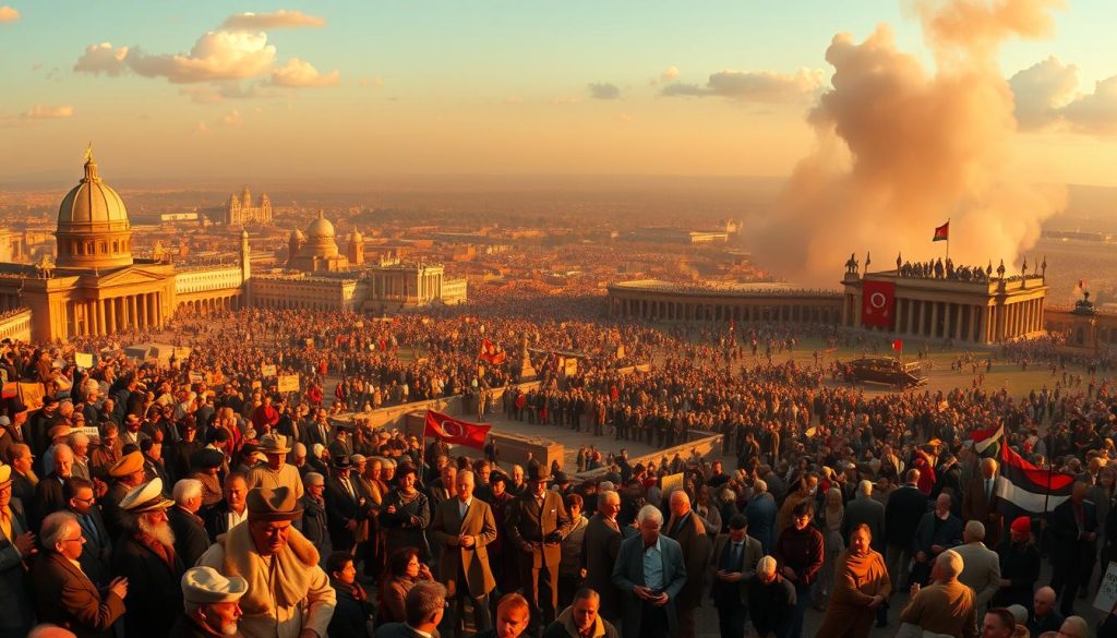 A vibrant panoramic scene of significant historical events unfolding across a vast canvas. In the foreground, iconic figures and landmark moments stand out in sharp detail, illuminated by warm, golden lighting that casts long shadows. In the middle ground, a swirl of activity depicts pivotal moments that have shaped the course of history, captured with cinematic clarity. The background recedes into a hazy, dreamlike realm, hinting at the vast expanse of time and the interconnectedness of all events. The overall composition conveys a sense of grandeur, momentum, and the profound impact that a single day can have on the trajectory of the world.