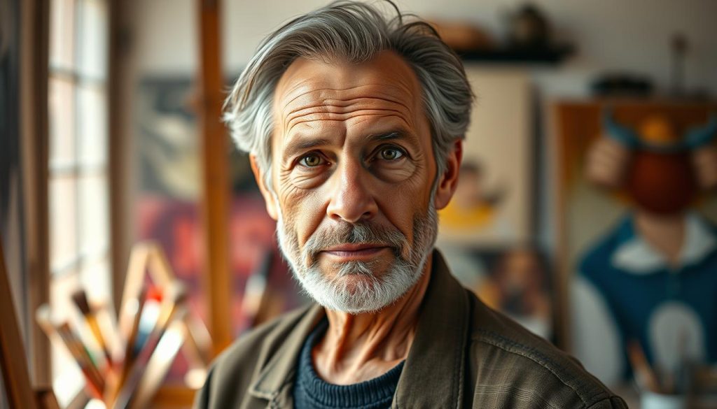 A vibrant, photorealistic portrait of a celebrated artist, captured in natural lighting with a shallow depth of field. The subject, a figure of timeless elegance, stands against a softly blurred backdrop of an artist's studio, surrounded by brushes, paints, and canvases that hint at a life dedicated to creative expression. The artist's gaze is direct and intense, conveying a sense of passion and focus, while the overall composition and use of color evoke the rich artistic heritage that has shaped their craft. This image aims to honor the enduring legacy of the visionary artists who have left an indelible mark on our cultural landscape.