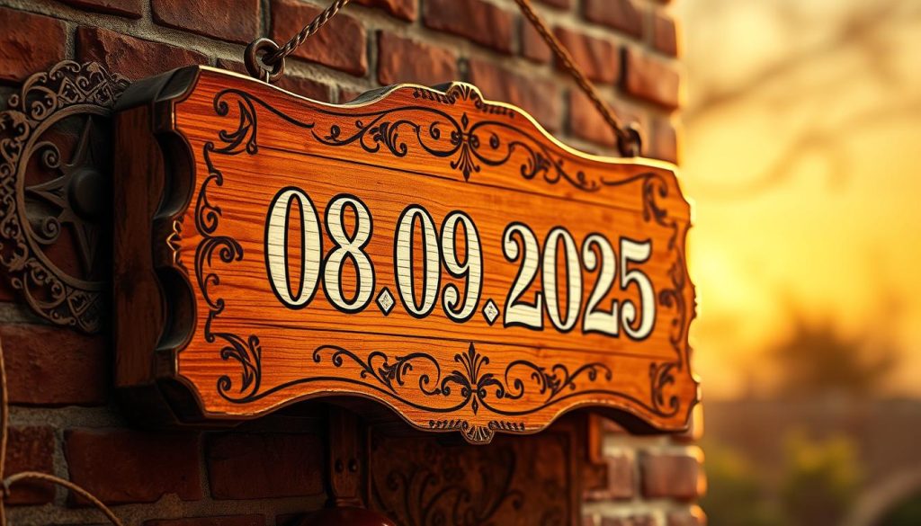 A vintage-styled wooden sign hanging on a rustic brick wall, illuminated by warm, natural lighting. The sign displays the date "08.09.2025" in bold, hand-painted letters, with intricate floral and geometric designs surrounding it. In the background, a subtle hazy atmosphere evokes a sense of timelessness, while the foreground showcases the craftsmanship and attention to detail of the sign. The overall composition creates a visually striking and historically themed image to accompany the article's section on significant events and birthdays for that particular date.