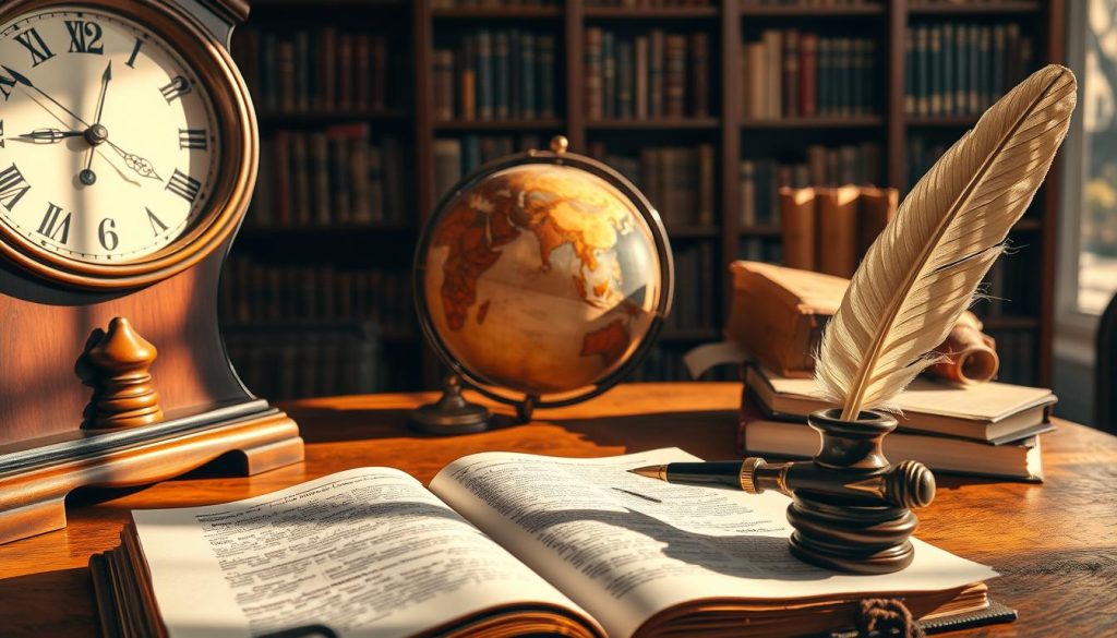 A warm September afternoon, sunlight filtering through a vintage analog clock face, casting soft shadows on a wooden desk. In the foreground, an open leather-bound journal, its pages hinting at the day's historical events. Nearby, a quill pen and inkwell, symbolic of the timeless act of recording history. The middle ground features an antique globe, a tangible representation of the world's interconnected past. In the background, bookshelves laden with tomes, each a window into a different era. The atmosphere is one of contemplation and reverence, inviting the viewer to pause and reflect on the significance of this particular day in history.
