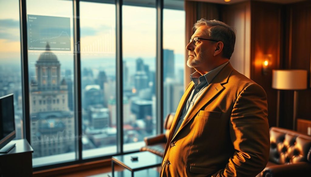 A wealthy individual stands in a luxurious office, gazing out a large window overlooking a bustling city skyline. Soft, warm lighting illuminates the scene, casting a golden glow across the polished wooden furniture and plush leather chair. The person's expression is one of contemplation, as they consider the path that has led them to this point of financial success. In the background, a holographic display projects various financial data and projections, hinting at the intricate calculations and forecasts that guide their decisions. The overall atmosphere conveys a sense of power, control, and the potential for even greater wealth and prosperity.