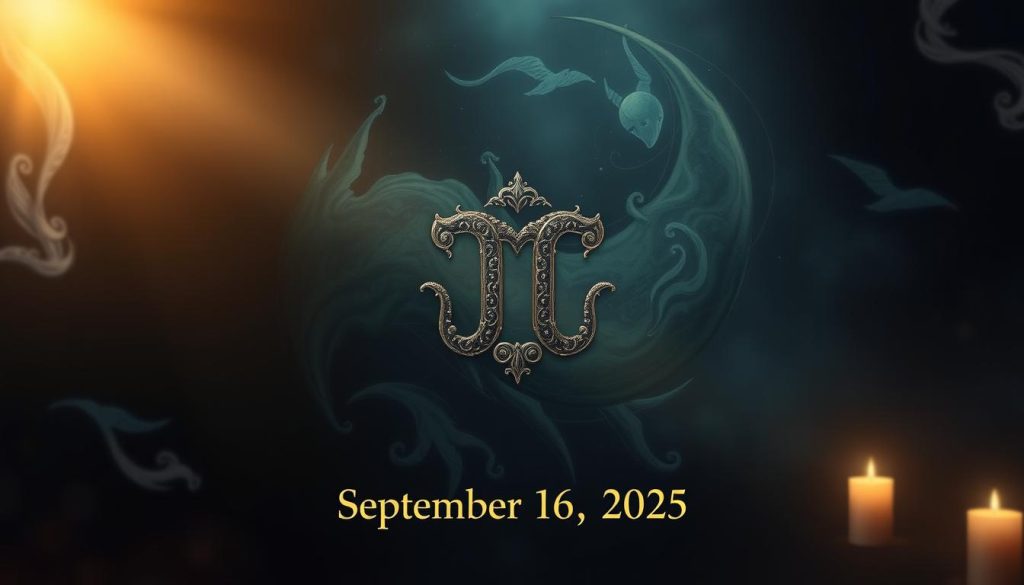 A zodiac-inspired illustration of the horoscope sign for September 16, 2025. Set in a dimly lit, mystical environment, the central image features a detailed, ornately decorated astrological symbol floating against a swirling backdrop of ethereal celestial elements. Soft lighting from above casts a warm, contemplative glow, while a subtle hint of moody, atmospheric shadows lend depth and drama. The overall composition evokes a sense of ancient wisdom, cosmic wonder, and the allure of divination.