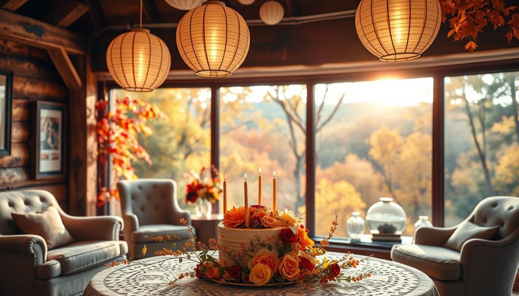 An elegant birthday celebration against a vibrant autumnal backdrop. In the foreground, a beautifully decorated birthday cake sits atop a lace-patterned tablecloth, surrounded by cascading floral arrangements in shades of gold, orange, and crimson. Overhead, delicate paper lanterns float, casting a warm, magical glow. The middle ground features a cozy, rustic interior, with wooden beams, plush upholstery, and a vintage armchair. In the background, a panoramic window reveals a breathtaking view of a sun-dappled forest, the leaves just beginning to turn. Overall, the scene evokes a sense of tranquility, joy, and the enchantment of a September 21st birthday.