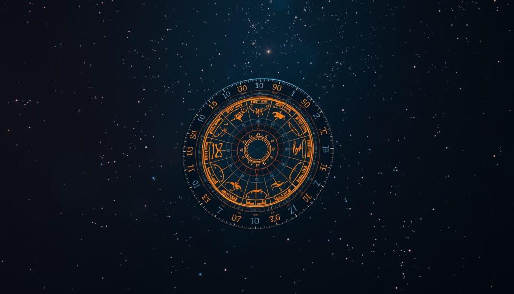 Detailed astrological chart floating against a dimly lit, starry night sky. In the foreground, a central horoscope dial with glowing astrological symbols. Surrounding it, smaller spherical forecasts for each zodiac sign, with subtle text highlighting the key details. Soft, warm lighting casts a mystical glow, while the background contains swirling cosmic elements and distant galaxies. The overall composition exudes a sense of wonder, mystery, and the allure of the celestial unknown, capturing the essence of a daily horoscope reading and forecast.