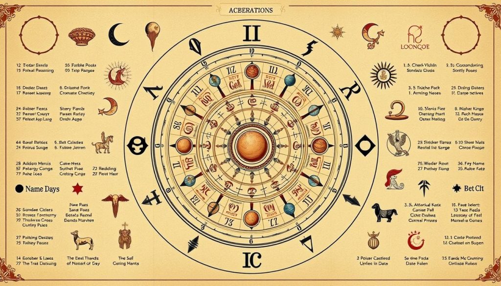 Detailed astrological illustration depicting observances, name-days, and cultural notes for a specific date. A central zodiac-themed composition features celestial elements like planets, stars, and lunar phases. Surrounding the zodiac are symbolic icons representing various cultural and religious observances, name-days, and other noteworthy events associated with the date. Warm, earthy tones create a timeless, mystical atmosphere. Balanced, harmonious layout with an elegant, vintage-inspired aesthetic. Crisp, high-resolution rendering with a sense of depth and dimension.