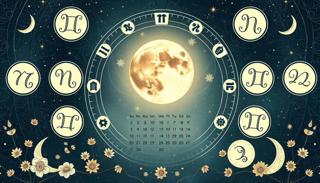 A beautifully illustrated astrological calendar for October 12, 2025, showcasing the daily horoscope readings against a serene celestial backdrop. The twelve zodiac symbols are prominently displayed in an elegant arrangement, each surrounded by intricate, star-filled patterns. The central focus is a detailed, hand-drawn illustration of a full moon, casting a warm glow across the scene. In the foreground, delicate floral elements and shimmering crescent moons frame the horoscope entries, presented in a classic, calligraphic style. The overall composition conveys a sense of timeless mysticism and spiritual introspection, perfectly suited to the subject of daily astrological guidance.