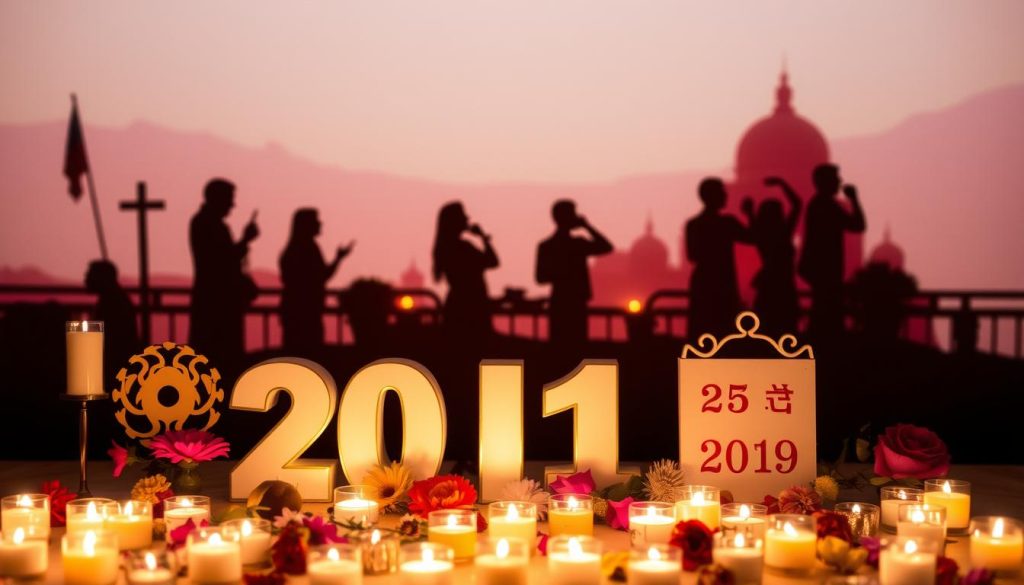 A beautifully lit scene depicting various observance date symbols and icons, set against a soft, hazy background. In the foreground, a collection of candles, flowers, and ceremonial objects arranged in a visually appealing composition. In the middle ground, silhouettes of people engaged in observance rituals, their gestures and poses conveying a sense of reverence and contemplation. The background features a subtly blurred landscape, with hints of architecture or natural elements that suggest the setting of the observance. The overall mood is one of solemnity, tranquility, and the honoring of significant cultural or historical events.