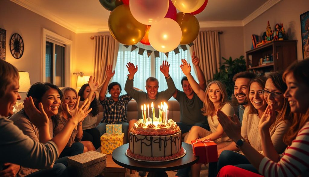 A birthday celebration in a cozy, inviting living room. Warm, soft lighting illuminates a birthday cake with lit candles, surrounded by colorful wrapped gifts and balloons floating above. In the foreground, a group of smiling friends and family members gathered around, raising their hands in joyful celebration. The room is adorned with festive decorations, creating a intimate, cheerful atmosphere. Utilising a wide angle lens to capture the scene, with a shallow depth of field to focus attention on the central birthday celebration.