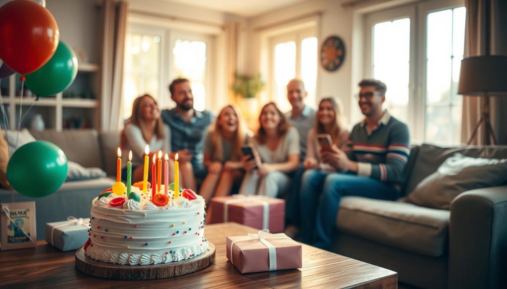 A birthday celebration in a cozy, sunlit living room. In the foreground, a beautifully decorated birthday cake sits on a wooden table, surrounded by colorful balloons and a few wrapped gifts. The middle ground features a group of friends and family gathered around, their faces alight with joy and laughter. The background depicts a warm, inviting space with large windows allowing natural light to pour in, creating a soft, ambient glow. The scene exudes a sense of togetherness, warmth, and the vibrant energy of a special occasion.