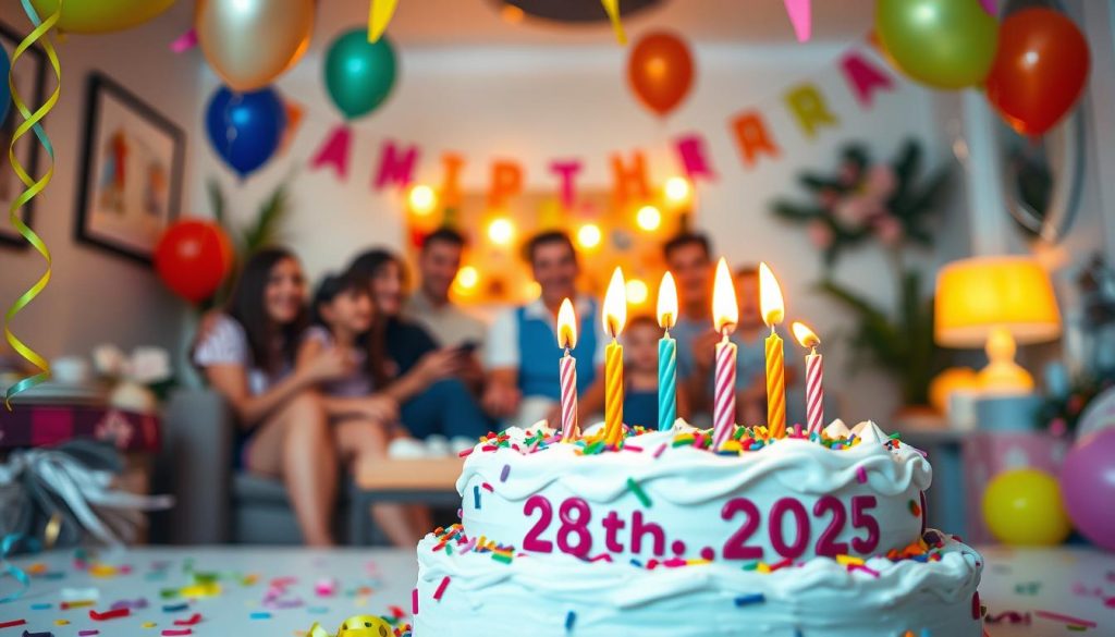a birthday celebration on October 28th, 2025, with a whimsical and festive atmosphere. The foreground features a birthday cake with candles, surrounded by colorful balloons, confetti, and party decorations. The middle ground showcases a group of people gathered to celebrate, their expressions filled with joy and laughter. In the background, a cozy living room setting with warm lighting, creating a welcoming and celebratory ambiance. The scene captures the essence of a memorable day, with attention to detail and a vibrant, lively composition.