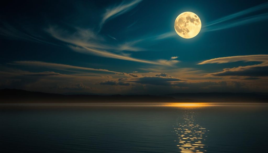 A breathtaking nightscape with the full moon majestically traversing the sky, its ethereal glow illuminating the serene landscape below. Wispy clouds drift gracefully across the heavens, creating an ever-changing dance of light and shadow. In the foreground, a tranquil lake reflects the moon's celestial movements, its rippling surface mirroring the celestial ballet. The scene is bathed in a soft, warm light, evoking a sense of wonder and timelessness. The composition is balanced, with the moon's captivating presence commanding attention, while the surrounding elements create a harmonious and evocative setting.