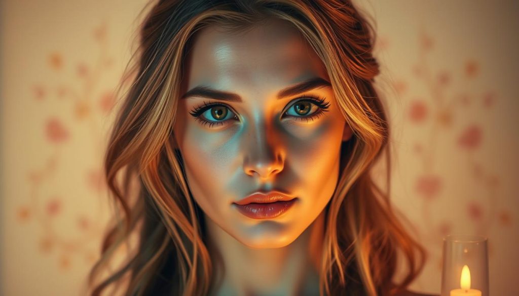 A captivating portrait of a Libra personality, illuminated by warm, ambient lighting. The subject's face is centered, capturing their serene, harmonious expression. Their gaze is thoughtful, hinting at a deep, introspective nature. Soft, wispy hair frames their features, lending an air of elegance and grace. In the background, delicate floral motifs and soft, muted colors create a visually soothing, balanced composition, reflecting the Libra's natural affinity for harmony and aesthetics. The entire scene emanates a sense of tranquility and poise, embodying the quintessential Libra personality.