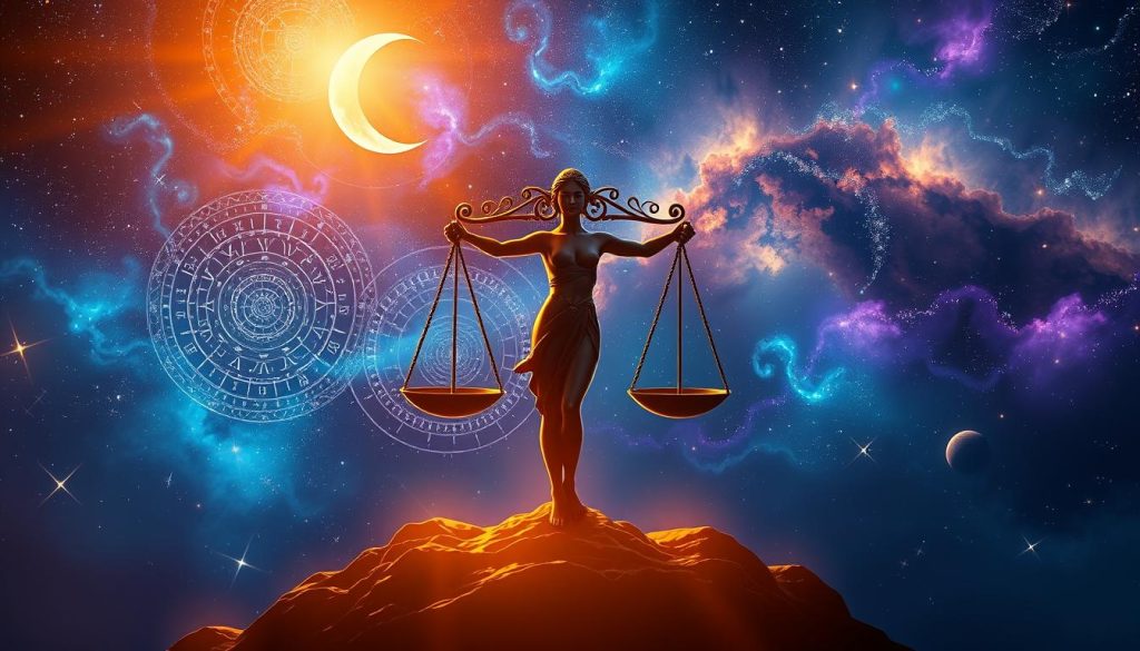 A celestial scene depicting the Libra sun sign. In the foreground, a graceful figure representing the scales of Libra, bathed in warm, golden light. Surrounding the central figure, intricate, swirling patterns of stars and nebulae in shades of blue, purple, and teal. In the middle ground, a crescent moon casts a soft, ethereal glow. The background is a vast, ethereal expanse of the cosmos, with distant galaxies and cosmic dust clouds creating a sense of depth and wonder. The overall mood is one of balance, harmony, and the beauty of the natural world.