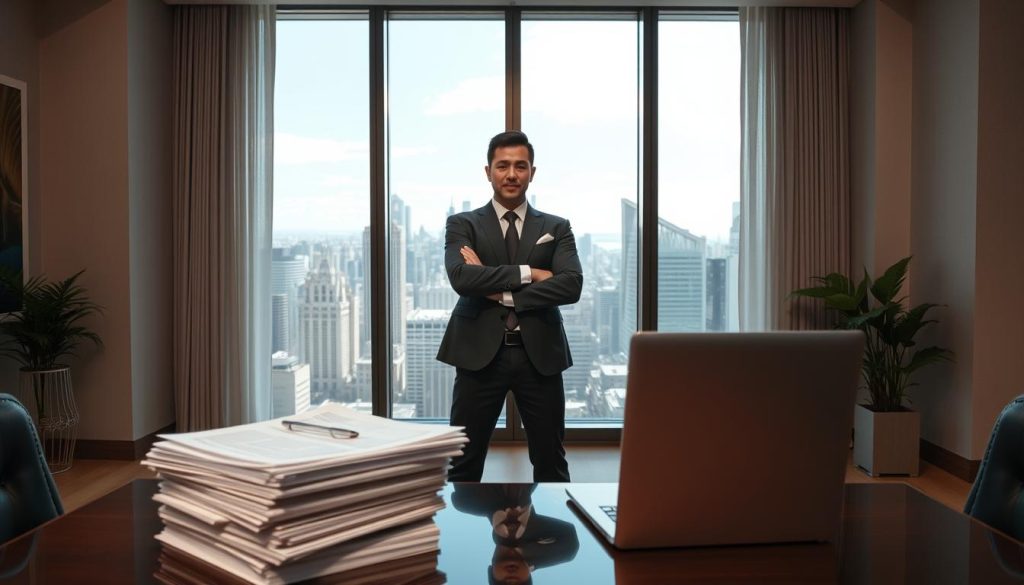 A confident businessperson stands in a well-lit office, poised to capitalize on emerging opportunities. In the foreground, a stack of neatly organized documents and a laptop symbolize their financial acumen and preparedness. Framing the scene, elegant floor-to-ceiling windows offer a panoramic view of a bustling city skyline, suggesting the individual's strategic positioning and sense of timing. The overall atmosphere conveys a mood of professionalism, determination, and a keen eye for maximizing career and financial advantages.