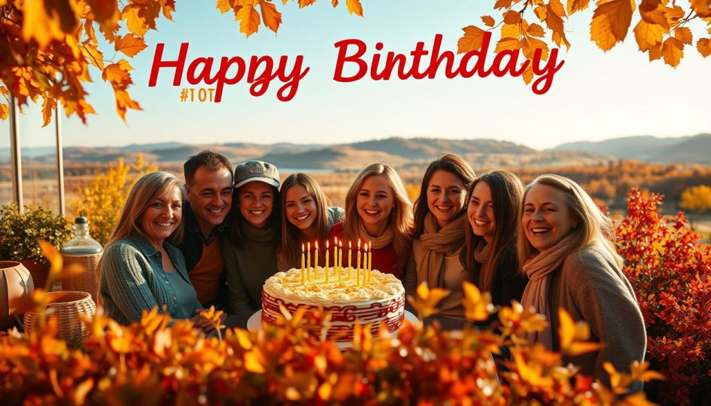 A cozy autumn scene with a warm, inviting atmosphere. In the foreground, a group of people gather around a birthday cake, their faces aglow with smiles and laughter, capturing the joyful celebration of October 10th birthdays. The middle ground features a lush, colorful garden with vibrant fall foliage, setting the scene. In the background, a serene landscape with rolling hills and a clear, blue sky creates a sense of tranquility. The lighting is soft and golden, casting a gentle glow over the entire composition. The overall mood is one of happiness, community, and the beauty of the autumn season.