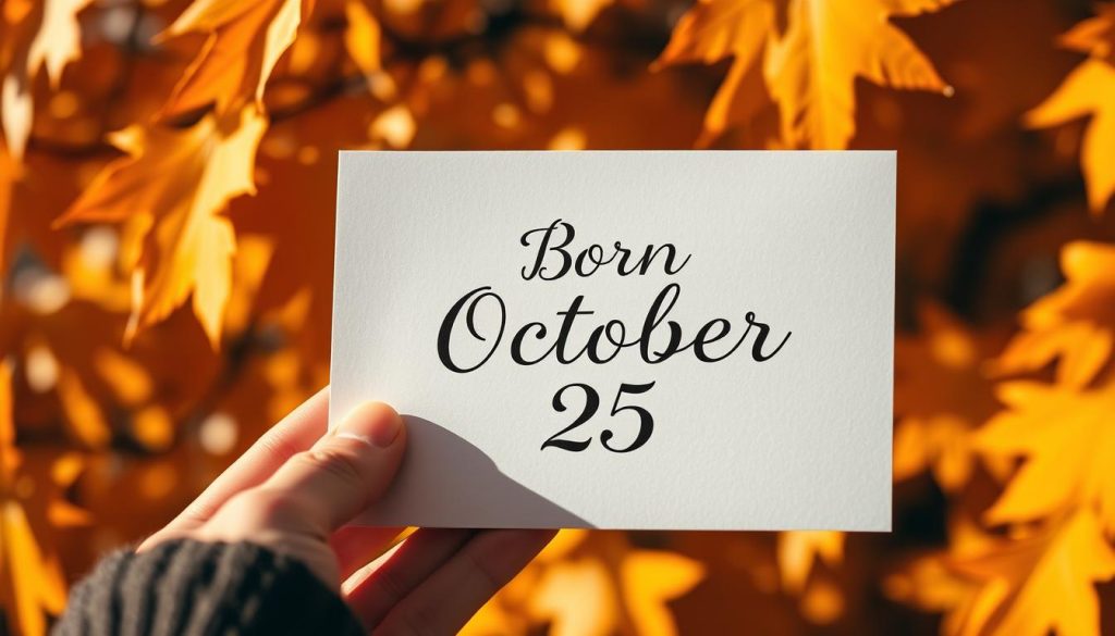 A crisp, autumn-themed scene featuring a close-up of a hand holding a birthday card with the text "Born October 25" in a classic script font. The card is set against a backdrop of vibrant orange and yellow leaves, with a warm, soft-focus effect creating a cozy, intimate atmosphere. The lighting is natural and diffused, casting gentle shadows and highlighting the textures of the leaves. The camera angle is slightly elevated, creating a sense of warmth and intimacy. The overall composition emphasizes the celebratory nature of the subject while maintaining a serene, autumnal ambiance.