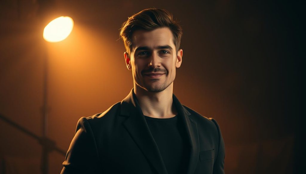 A dashing, charismatic actor standing in a dimly lit studio, the warm glow of a single spotlight illuminating their face and torso. Their expression is one of quiet confidence, a slight smile playing on their lips. The background is a soft, hazy blur, drawing the viewer's attention to the subject. The lighting is cinematic, creating dramatic shadows and highlights that accentuate the actor's features. The composition is balanced, with the subject positioned slightly off-center to create a sense of dynamism. The overall mood is one of sophistication and star power, befitting a celebrated performer.