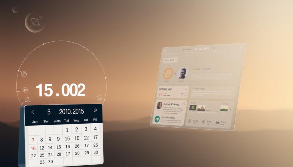 A detailed and informative "date navigator" image, featuring a sleek and modern design. The foreground showcases a stylized calendar with the date "15.10.2025" prominently displayed, surrounded by astrological symbols and icons representing historical events and notable birthdays. The middle ground depicts a minimalist interface with various data visualizations and information about the day's highlights, presented in a clean and intuitive layout. The background sets a serene, contemplative mood with soft lighting and a subtle gradient, emphasizing the informative yet elegant nature of the "date navigator" concept. The image should convey a sense of exploration, discovery, and the fascination with uncovering the rich tapestry of history and events on a given day.