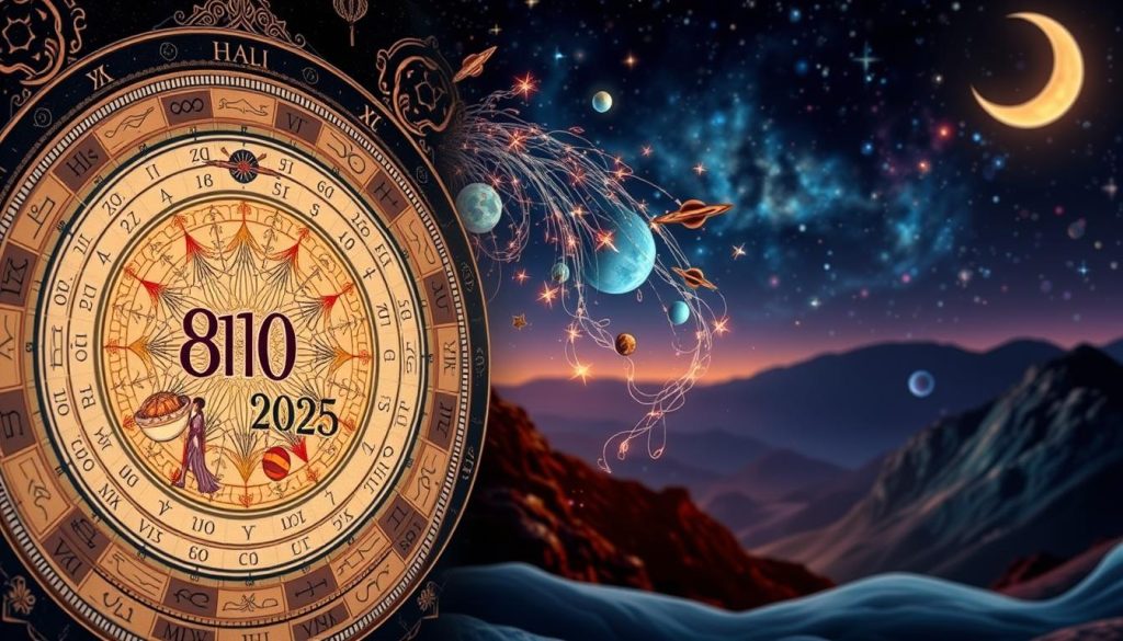 A detailed astrological chart featuring a decorative zodiac ring, celestial imagery, and a central horoscope symbol. The foreground depicts a richly illustrated horoscope for the date 08/10/2025, with delicate line art and vibrant colors. The middle ground showcases cascading planets, stars, and ethereal energy fields, bathed in a warm, golden light. The background is a mystical, night-sky landscape with a crescent moon and distant galaxies. The overall atmosphere is one of wonder, divination, and the profound mysteries of the cosmos.